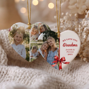 We Love You Grandma 4 Photo Red Bow Christma Ceramic Ornament