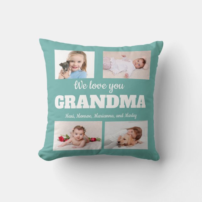 We Love you Grandma 4 Photo Teal Cushion (Front)
