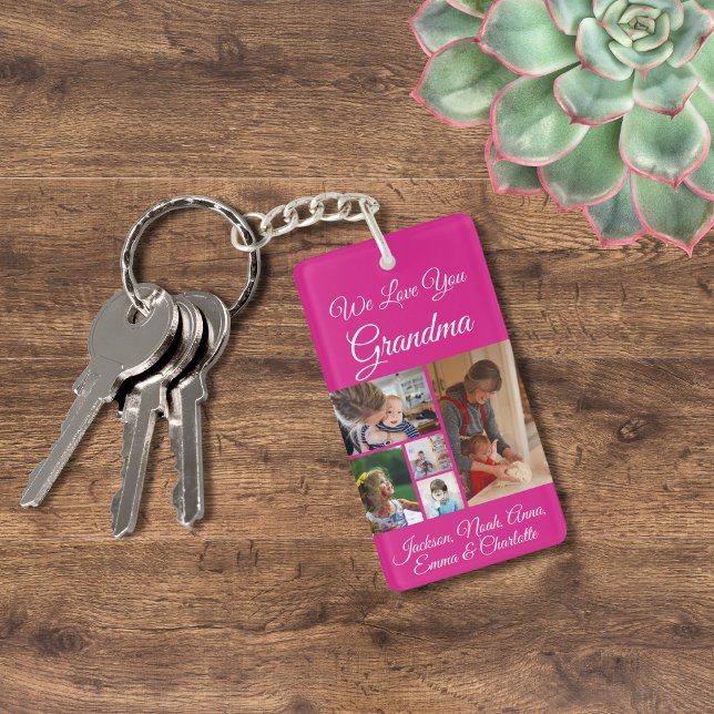We Love You Grandma | Elegant Magenta 5 Photo Key Ring (Creator Uploaded)