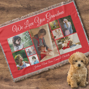 We Love You Grandma   Elegant Red 9 Photo Throw Blanket