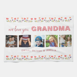 We love you Grandma Flowers 5 Photos Keepsake Tea Towel