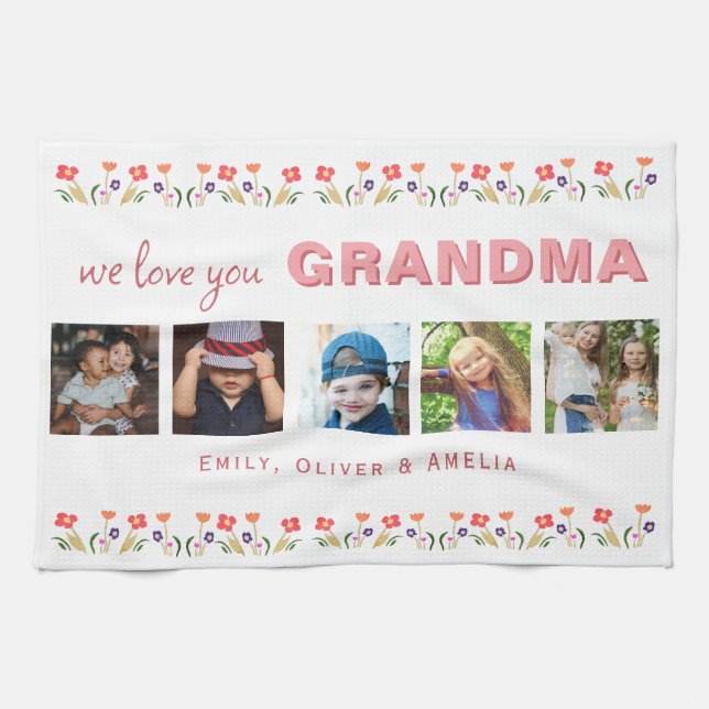 We love you Grandma Flowers 5 Photos Keepsake Tea Towel (Horizontal)