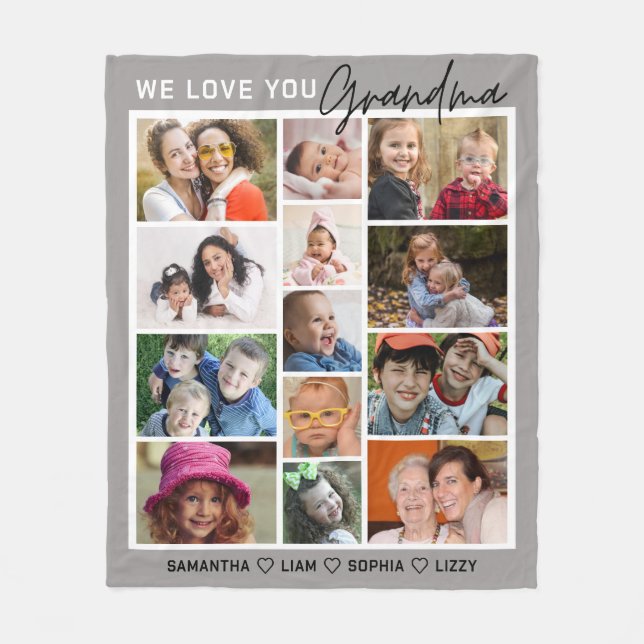 We Love You Grandma Grandkids 13 Photo Collage   Fleece Blanket (Front)
