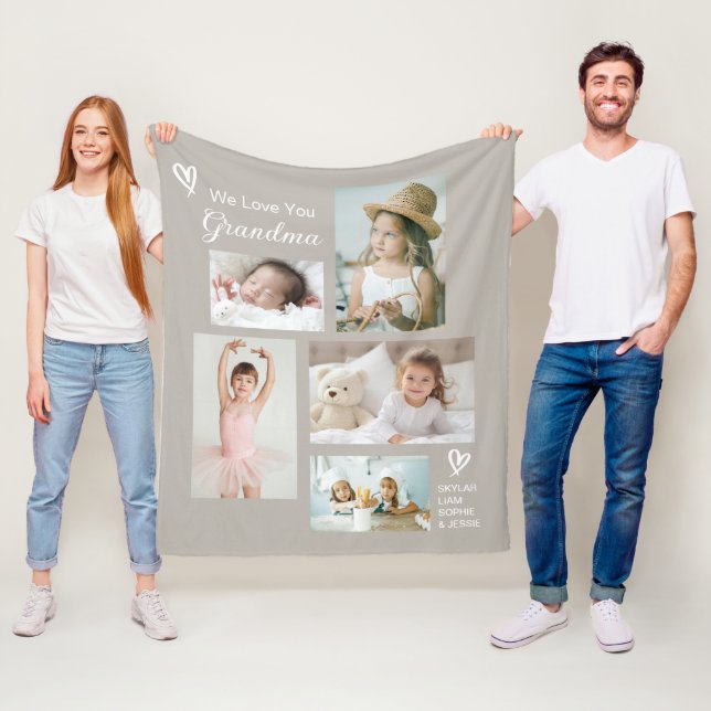 We Love You Grandma Grandkids Photo Collage Fleece Blanket (In Situ)