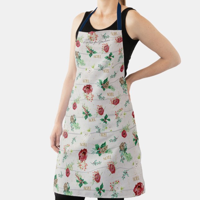 We Love You Grandma Noel Gold Christmas Holly Wood Apron (Insitu)