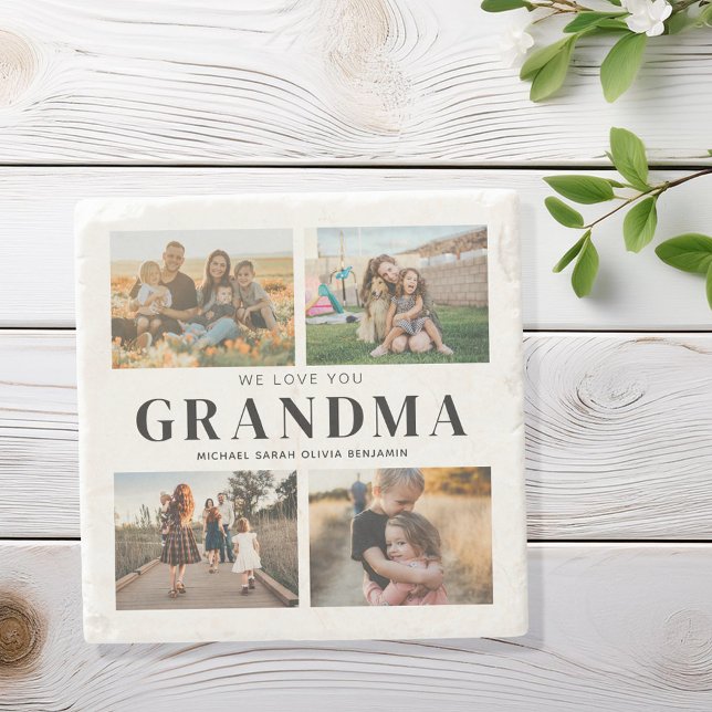 We Love You Grandma Personalised 4 Photo Collage Stone Coaster (Creator Uploaded)