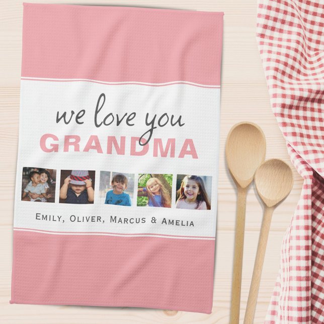 We love you Grandma Pink Grandchildren 5 Photo  Tea Towel (Creator Uploaded)