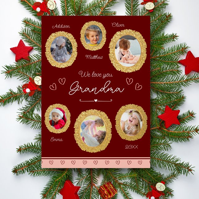 We Love You Grandma Six Photo with Hearts Gold Foil Holiday Card (Creator Uploaded)