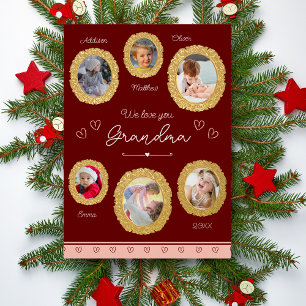 We Love You Grandma Six Photo with Hearts Gold Foil Holiday Postcard