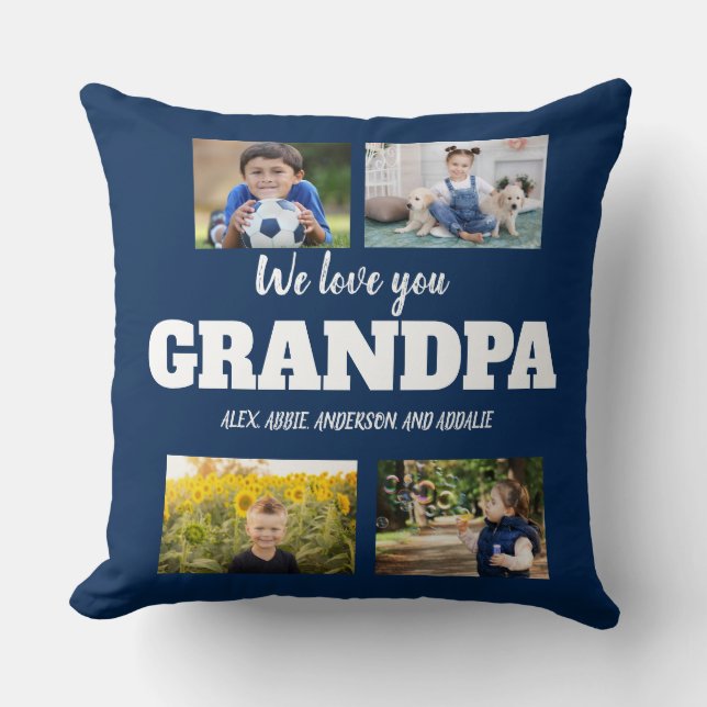 We Love You Grandpa Navy Blue 4 Photo Collage Cushion (Front)