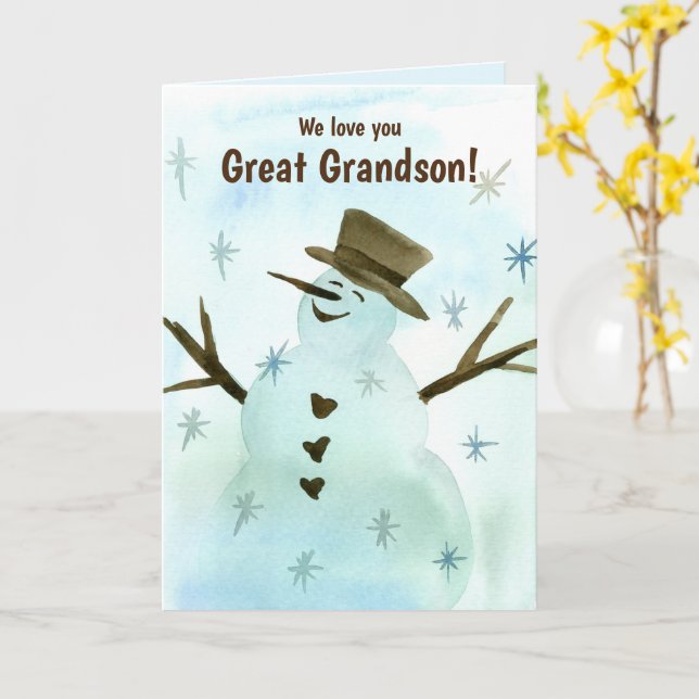 We Love You Great Grandson Christmas Snowman Card (Yellow Flower)