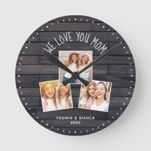 We Love You MOM Cute Modern Photo Collage Round C Round Clock