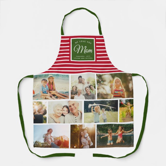 WE LOVE YOU MOM Family Photo Collage Christmas Apron (Front)
