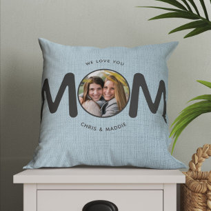 We Love You MOM Modern Mothers Day Gift Blue Photo Cushion