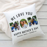 We Love You Mom Photo Letter Mothers Day Cushion<br><div class="desc">A bold and modern We Love You Mom photo throw pillow featuring three family photos filling the letters of Mom in a striking cutout design on a white background. Happy Mother's Day and kids' names complete the look in clean black typography. The two-sided design features a coordinating look on the...</div>