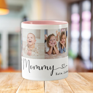 We Love you Mommy 4 Photo Collage Modern Script Two-Tone Coffee Mug