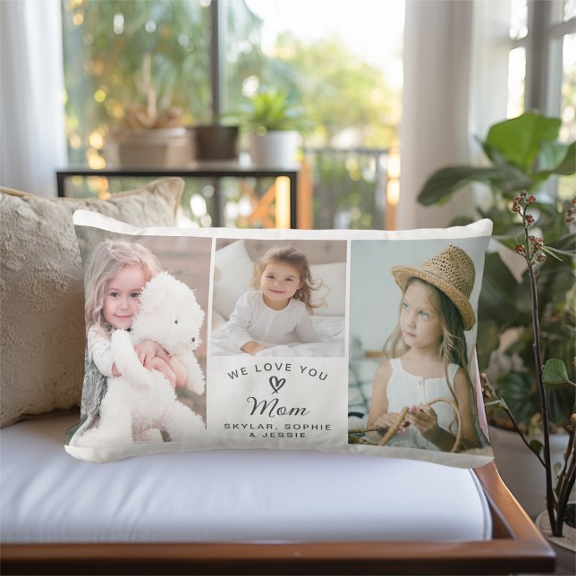 We Love You Mum Children's Photo Collage Lumbar Cushion (Personalize with your selected photos and text for a thoughtful gift for Mom.)