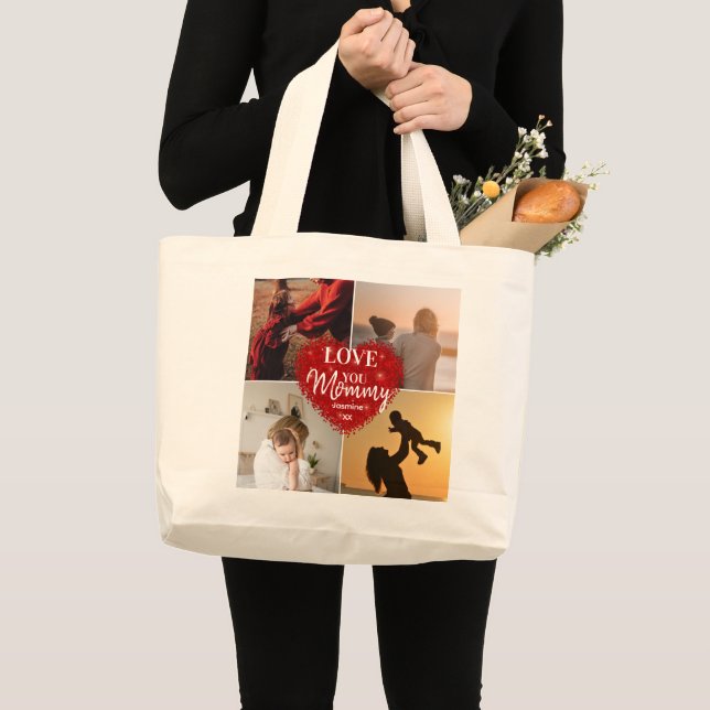 We Love You Mum Custom Mothers Day 3 Photo Collage Large Tote Bag (Front (Product))
