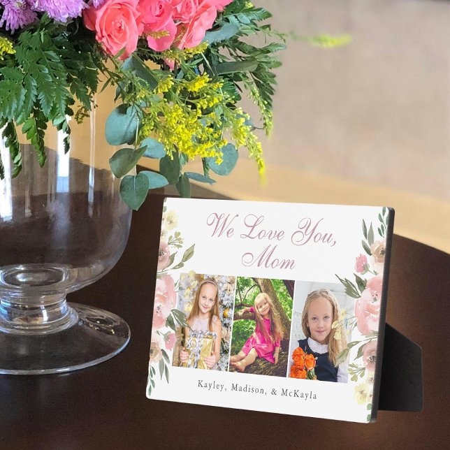 We Love You Mum Pink Floral Mother's Day Photo Plaque (Creator Uploaded)