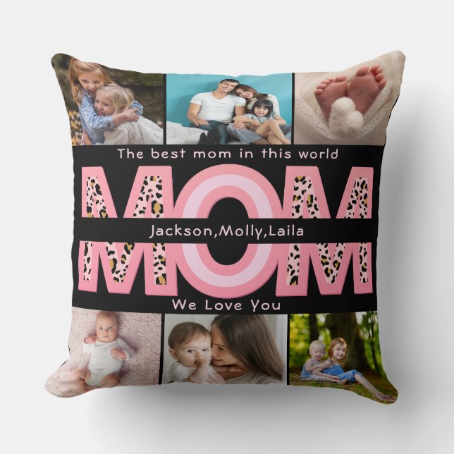 We Love You Mum Pink Minimalist 6 Photo collage Cushion (Front)