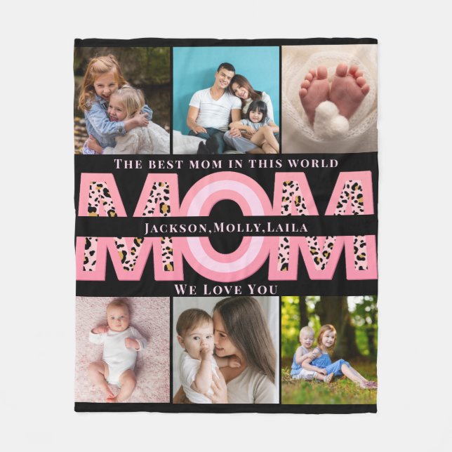 We Love You Mum Pink Minimalist 6 Photo collage Fleece Blanket (Front)