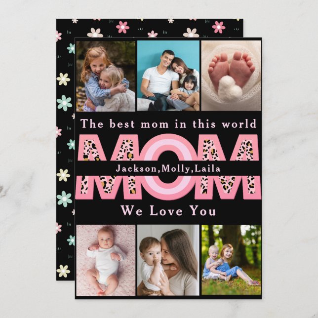 We Love You Mum Pink Minimalist 6 Photo collage Holiday Card (Front/Back)