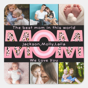 We Love You Mum Pink Minimalist 6 Photo collage Square Sticker