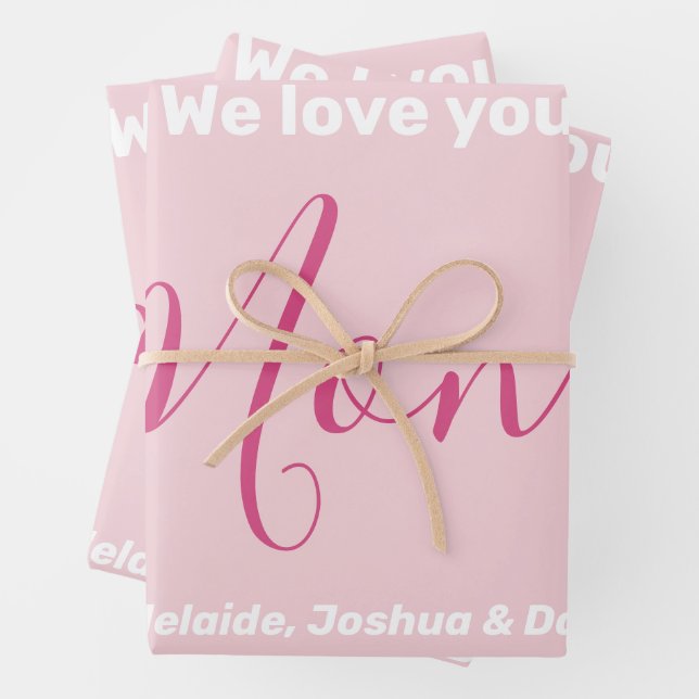 We Love You Mum Pink Minimalist  Wrapping Paper Sheet (In situ)