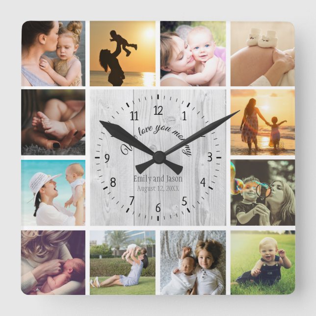 We love you mummy photo collage white wood texture square wall clock (Front)