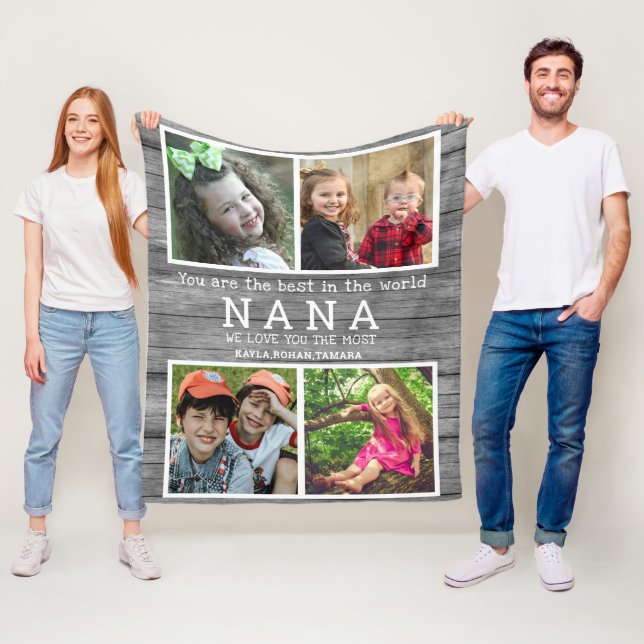 We Love You Nana 4 Photo Collage Grey Wood Fleece Blanket (In Situ)