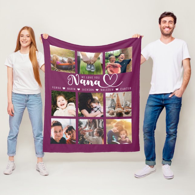 We Love You Nana Grandkid Names Pink Photo Collage Fleece Blanket (In Situ)