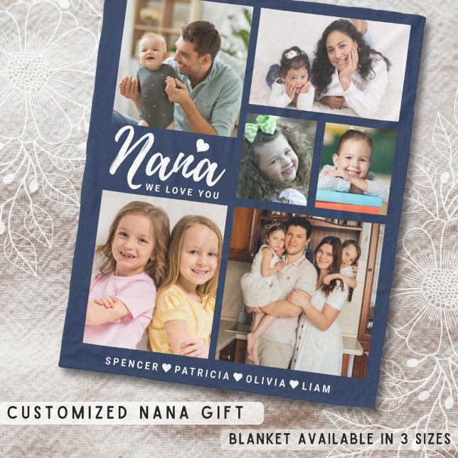 We Love You Nana Grandkids 6 Photo Collage Blue   Fleece Blanket ( We Love You Nana Grandkids 6 Photo Collage Blue Fleece Blanket)