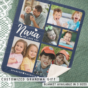 We Love You Nana Grandkids 6 Photo Collage Blue Sherpa Blanket