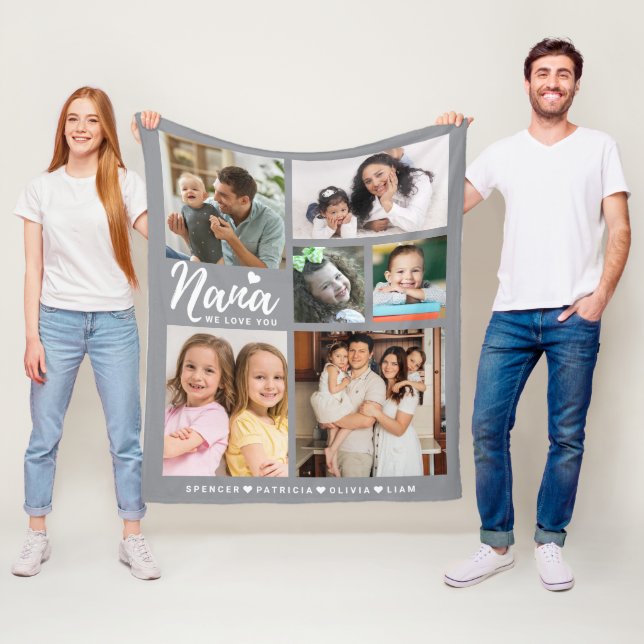 We Love You Nana Grandkids 6 Photo Collage Grey Fleece Blanket (In Situ)