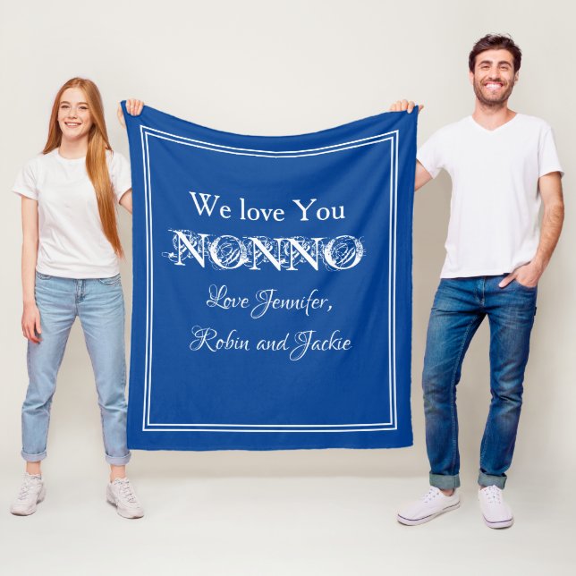 "We Love You NONNO" Personalised Blue And White Fleece Blanket (In Situ)