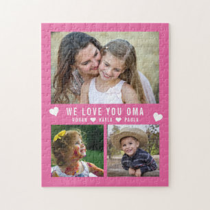 We Love You Oma 3 Photo Collage Pink Grandma Jigsaw Puzzle