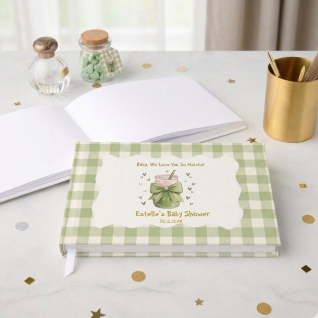 We Love You So Matcha Gingham Hearts Bow Guest Book (Creator Uploaded)
