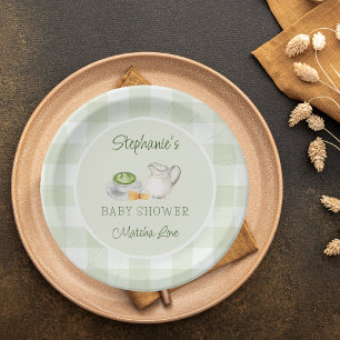 We Love You So Matcha Green Gingham Baby Shower Paper Plate