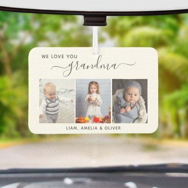 We Love Your Grandma 3 Photo Gray Script Car Air Freshener (Creator Uploaded)