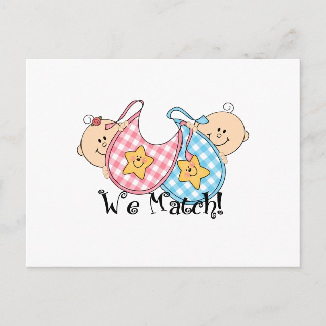 We Match Peeking Twins with Bibs 1 Girl, 1 Boy Postcard (Front)