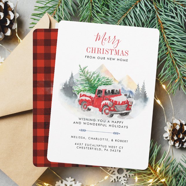 We Moved Christmas Holiday Moving Announcement (Christmas Red Truck Christmas Tree Plaid Moving Announcement)