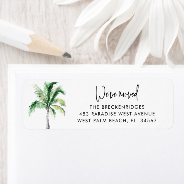 We Moved Coastal Palm Tree Script Return Address Label (Insitu)