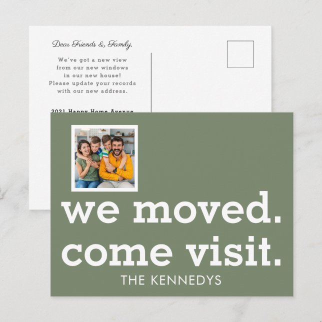 We Moved Come Visit Photo New Home Sage Green Announcement Postcard (Front/Back)