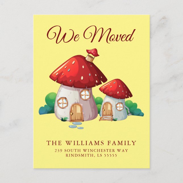 WE MOVED | Cute Woodland Forest Mushroom House Announcement Postcard (Front)