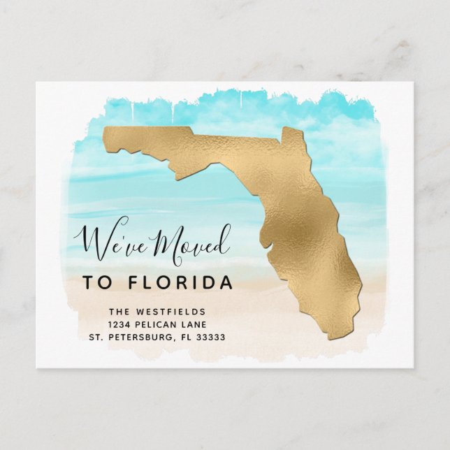 We Moved Florida Map Beach Scene New Address Announcement Postcard (Front)