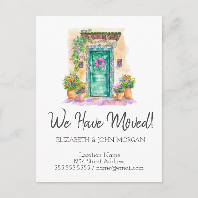 We Moved, Mexican House Door Flowers Announcement Postcard (Front)