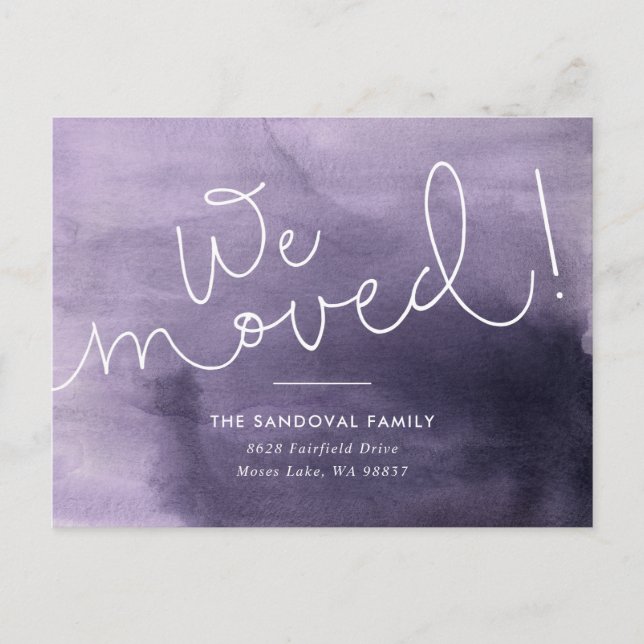 We Moved! Purple Hand-lettered New Address Announcement Postcard (Front)