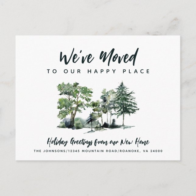 We Moved to Our Happy Place Holiday New Address Announcement Postcard (Front)