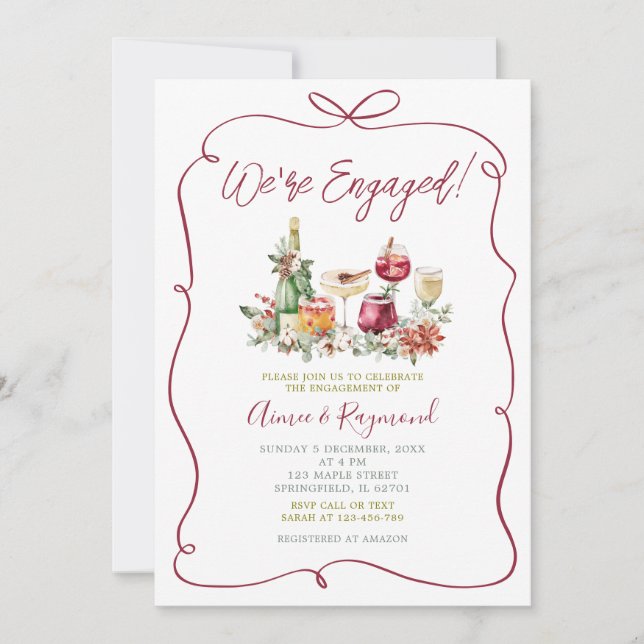 We’re Engaged Christmas Cocktail Hand Drawn Party Invitation (Front)