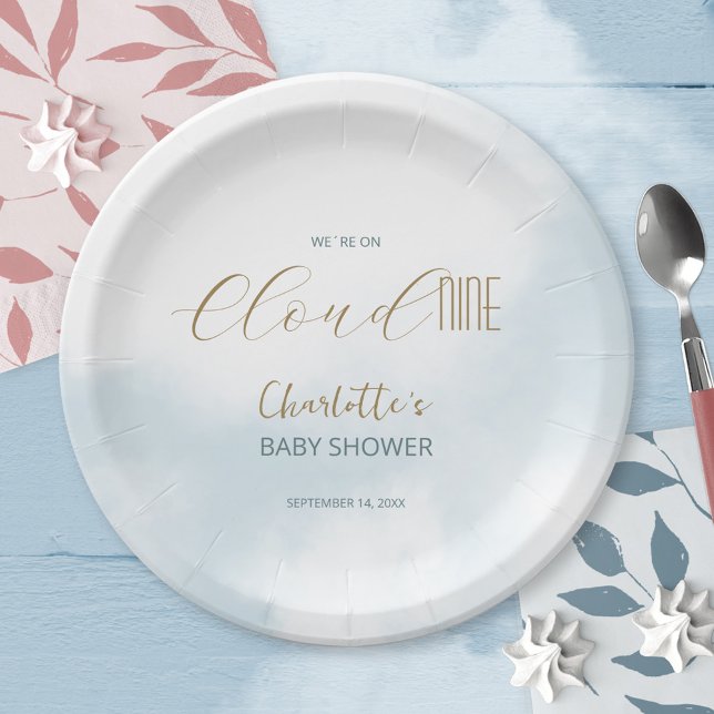 We´re on Cloud 9 Elegant Script Blue Baby Shower Paper Plate (We´re on Cloud 9 Elegant Script Blue Baby Shower Paper Plates ©Susanne Sachers - Sunny Mind 🌞)